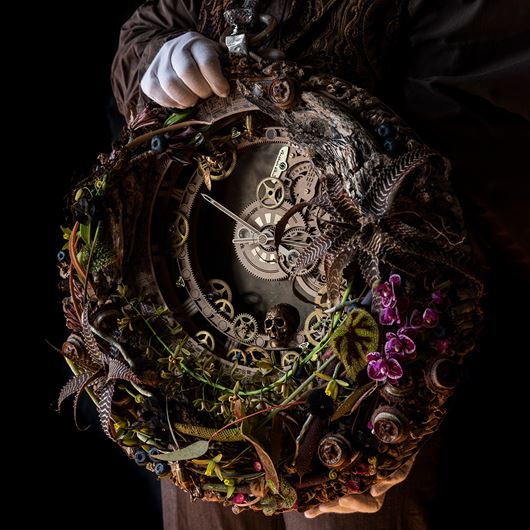 Steampunk-inspired floral art featuring assorted botanicals.